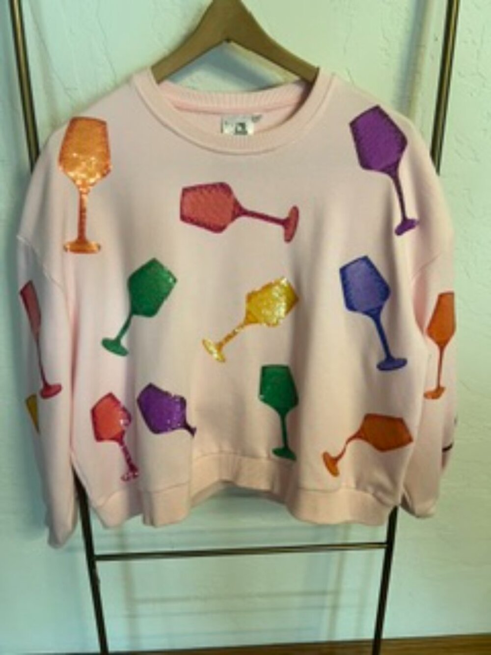 Queen of Sparkles sequined sweatshirt with wine glasses Size S